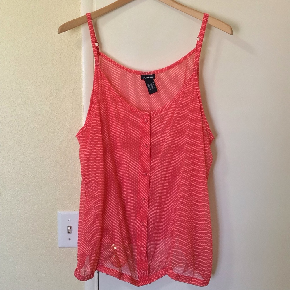 Torrid Tank Top Rockabilly Boho Orange Tiny Polka Dot Sheer Chiffon Blouse Sz 3X